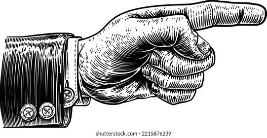 A hand pointing a finger in a direction sign. Wearing a business suit in a vintage antique engraving woodblock or woodcut style.