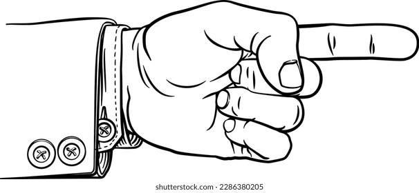 A hand pointing a finger in a direction sign. Wearing a business suit in a vintage antique engraving woodblock or woodcut style.