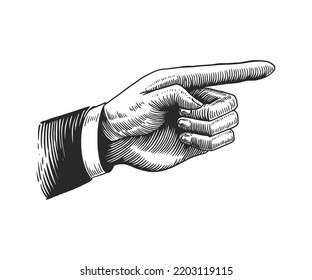 Hand pointing finger with Engraving style. Vector vintage Illustration