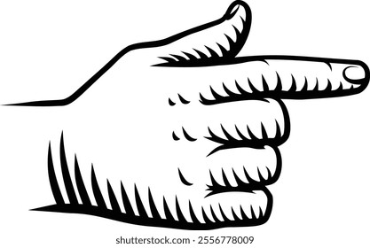 A hand pointing a finger in an etched vintage woodcut style