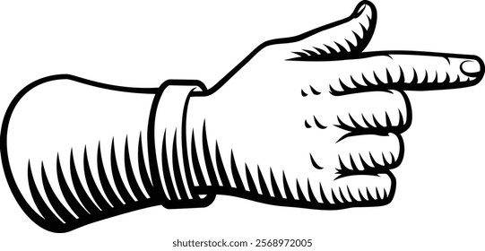 A hand pointing a finger in an etched vintage woodcut style