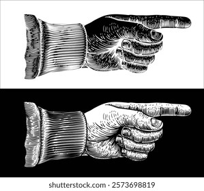 A hand pointing a finger in an etched vintage woodcut style