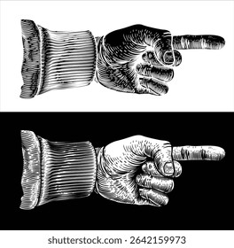 A hand pointing a finger in an etched vintage woodcut style