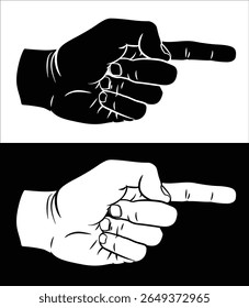 A hand pointing a finger in an etched vintage woodcut style