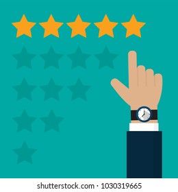 Hand pointing, finger pointing to five star rating. Feedback concept vector