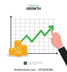 Hand pointing finger to green arrow concept. Financial growth and profit increase symbol vector illustration.