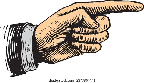 Hand with pointing finger. Illustration drawn in vintage engraving style eps 10