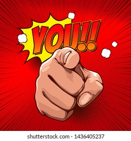 Hand with Pointing Finger Images, comic book cover template, flyer brochure speech bubbles, doodle art, Vector illustration.