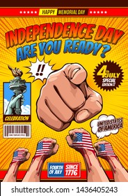 Hand with Pointing Finger Images, Hand of the Statue of Liberty, independence day, comic book cover template on yellow background, flyer brochure speech bubbles, doodle art, Vector illustration.