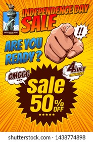 Hand with Pointing Finger Images, Hand of the Statue of Liberty, independence day, 
comic book cover template on yellow background, flyer brochure speech bubbles, 
doodle art, Vector illustration.