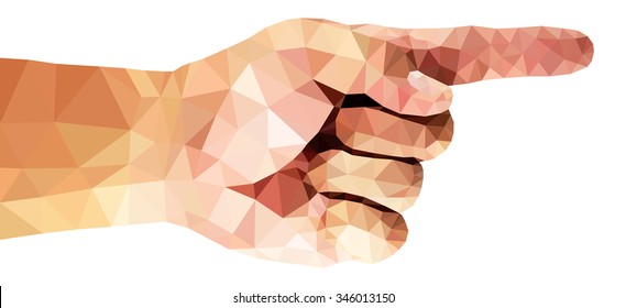 A hand with a pointing finger isolated against white, low poly vector illustration.
