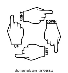 Hand with pointing finger. Navigation signs to the left, right, up and down.