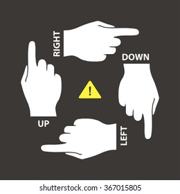 Hand with pointing finger on dark background. Navigation signs to the left, right, up and down.