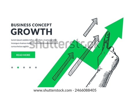 Hand with pointing finger on green growing arrow background. Hand drawn vector sketch illustration. Development, investment, financial growth business concept