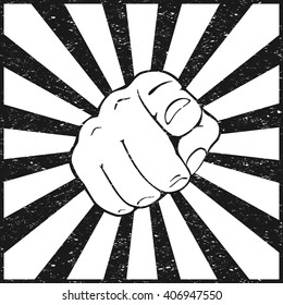 Hand with pointing finger on white and black grunge background, illustration.