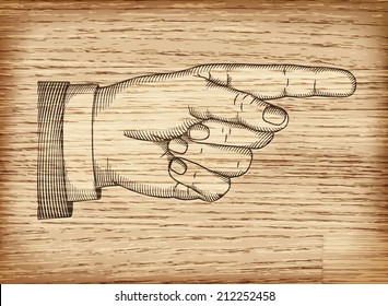 Hand with pointing finger on wood texture. Illustration in retro style.