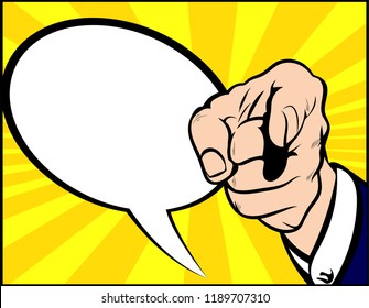 Hand pointing the finger. Pop Art vector comic book illustration with empty Speech balloon bubble