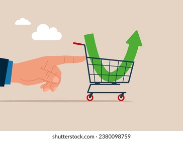 Hand with pointing finger pushes shopping cart with down arrow graph. Purchase stock when price drop. Vector illustration. svg