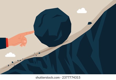 Hand with pointing finger pushing huge stone up the hill. Business problem crisis hardship and burden. Vector Illustration.