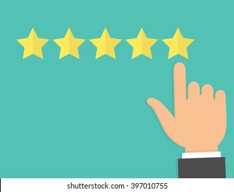 Hand with pointing finger pointing to rating stars. Flat design