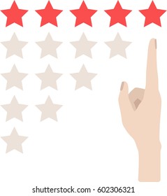 Hand with pointing finger to rating stars. Flat design isolated on white background