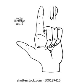 Hand with pointing finger. Showing the direction drawing illustration.