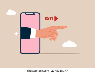 Hand pointing finger, stepping out of the mobile phone screen. Modern lifestyle. Digital detox. Millennial user. Flat vector illustration.