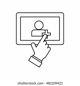 Hand pointing finger to tablet screen with user contact icon in outline style on a white background vector illustration