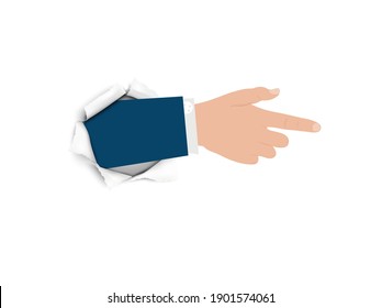 Hand pointing finger up through torn paper. Gesture of attention and warning, direction on white background with copy space.
