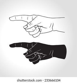 Hand with pointing finger (Vector illustration), Pointing fingers, hand drawn hands isolated on white background, silhouette of pointing finger hand