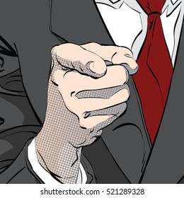 hand pointing finger at viewer, from front, pop art retro vector illustration, imitation of raster halftone