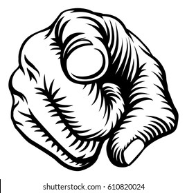 A Hand Pointing A Finger In A Wants Or Needs You Gesture In A Vintage Woodcut Style.