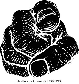 A hand pointing a finger at you in a retro vintage woodcut style