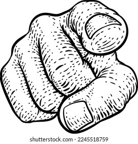 A hand pointing a finger at you in a retro vintage woodcut style