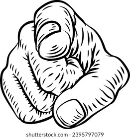 A hand pointing a finger at you in a retro vintage woodcut style