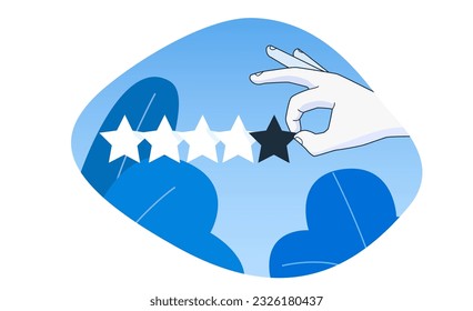 Hand pointing five gold star rating.  Simple outline style. Vector illustration
