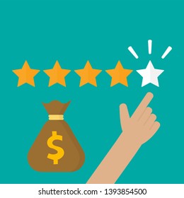 Hand pointing to five star rating with money bag. Feedback concept. Flay style vector illustration