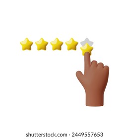 Hand pointing to five stars rating, forefinger push to top rate. Hand give positive feedback 3D realistic style. Customer review, service satisfaction, best quality vector illustration