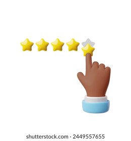 Hand pointing to five stars rating, forefinger push to top rate 3D realistic style vector. Hand with blue sleeve give positive feedback . Customer review, service satisfaction, best quality