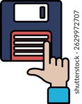 A hand pointing at a floppy disc. The hand is on the left side of the disc. The disc is blue and red