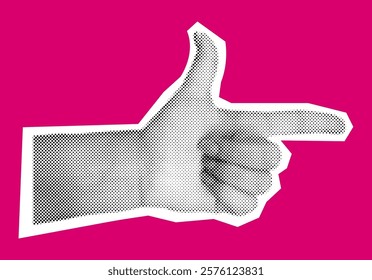 Hand pointing with forefinger to right side halftone collage vector illustration. Direction instruction and accusation on pink background