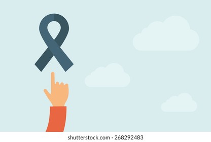 A hand pointing to freedom ribbon icon. A contemporary style with pastel palette, light blue cloudy sky background. Vector flat design illustration. Horizontal layout with text space on right part.