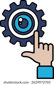 A hand pointing at a gear with a blue eye in the middle. The eye is surrounded by a white circle
