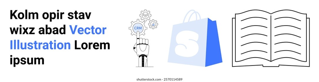 Hand pointing at gear with coin symbol, blue shopping bag with white symbol, and open book. Ideal for e-commerce, online learning, digital technology, shopping, education. Landing page