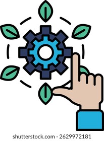 A hand pointing at a gear with green leaves surrounding it. Concept of progress and growth, as the gear represents a system or process that is constantly moving forward