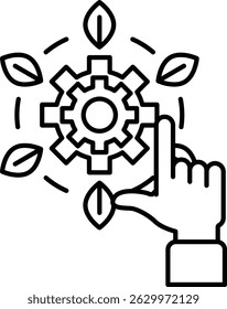 A hand pointing to a gear with leaves surrounding it. Concept of progress and growth, as the gear represents the mechanism that drives forward movement