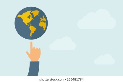 A hand pointing to globe icon. A contemporary style with pastel palette, light blue cloudy sky background. Vector flat design illustration. Horizontal layout with text space on right part.