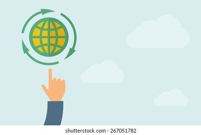 A hand pointing to globe icon. A contemporary style with pastel palette, light blue cloudy sky background. Vector flat design illustration. Horizontal layout with text space on right part.