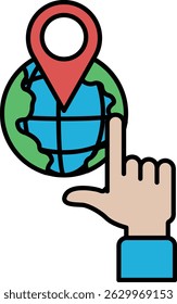 A hand pointing to a globe with a red pin on it. The globe is surrounded by a blue circle