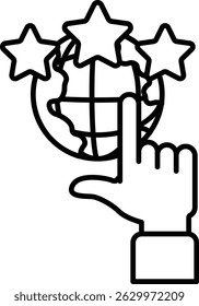 A hand pointing to a globe with three stars on it. The globe is surrounded by a circle with a star in the middle